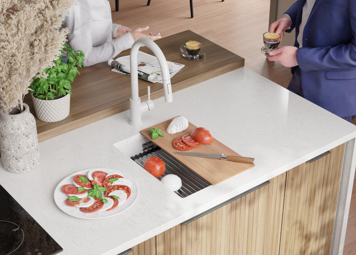 UNTERBAUSPÜLE GRANIT Praga, 2-er set Weiß 36/47 cm 1 Becken + Ablauf-Set + Aufrollbare Abtropffläche ab 40er Unterschrank - Chromfarben/Weiß, Kunststoff (36/20/47cm) - Primagran
