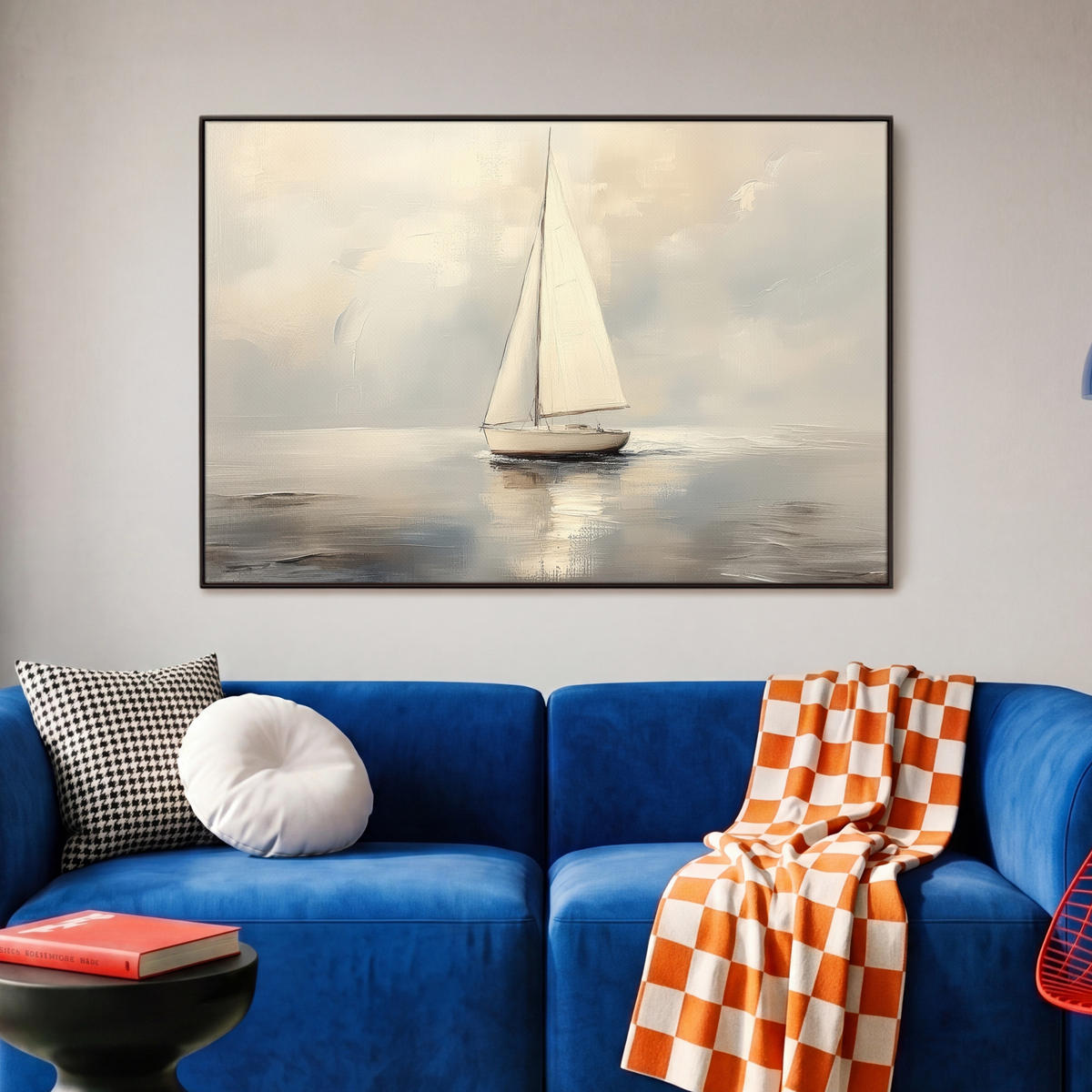 LEINWAND Bilder mit Rahmen - Segelschiff - Meer - Bewölkt - 90x60 - Creme, Textil (90/60cm) - MuchoWow