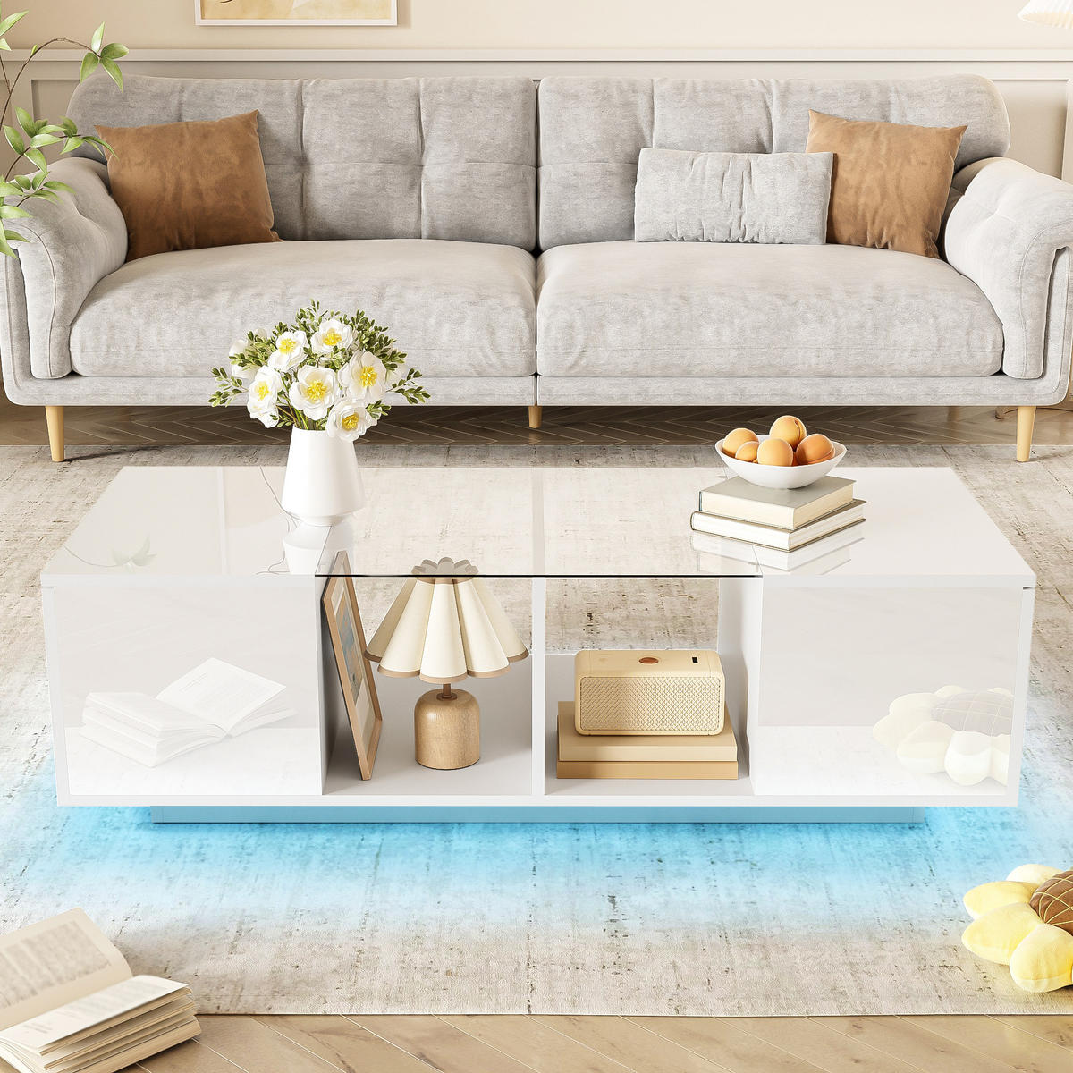 COUCHTISCH in Weiß mit LED-Beleuchtung und Hochglanz-Tischplatte für Wohnzimmer, B120/T50/H38,5 cm - Weiß, Glas/Holzwerkstoff (50/120/38.5cm) - STILVORA