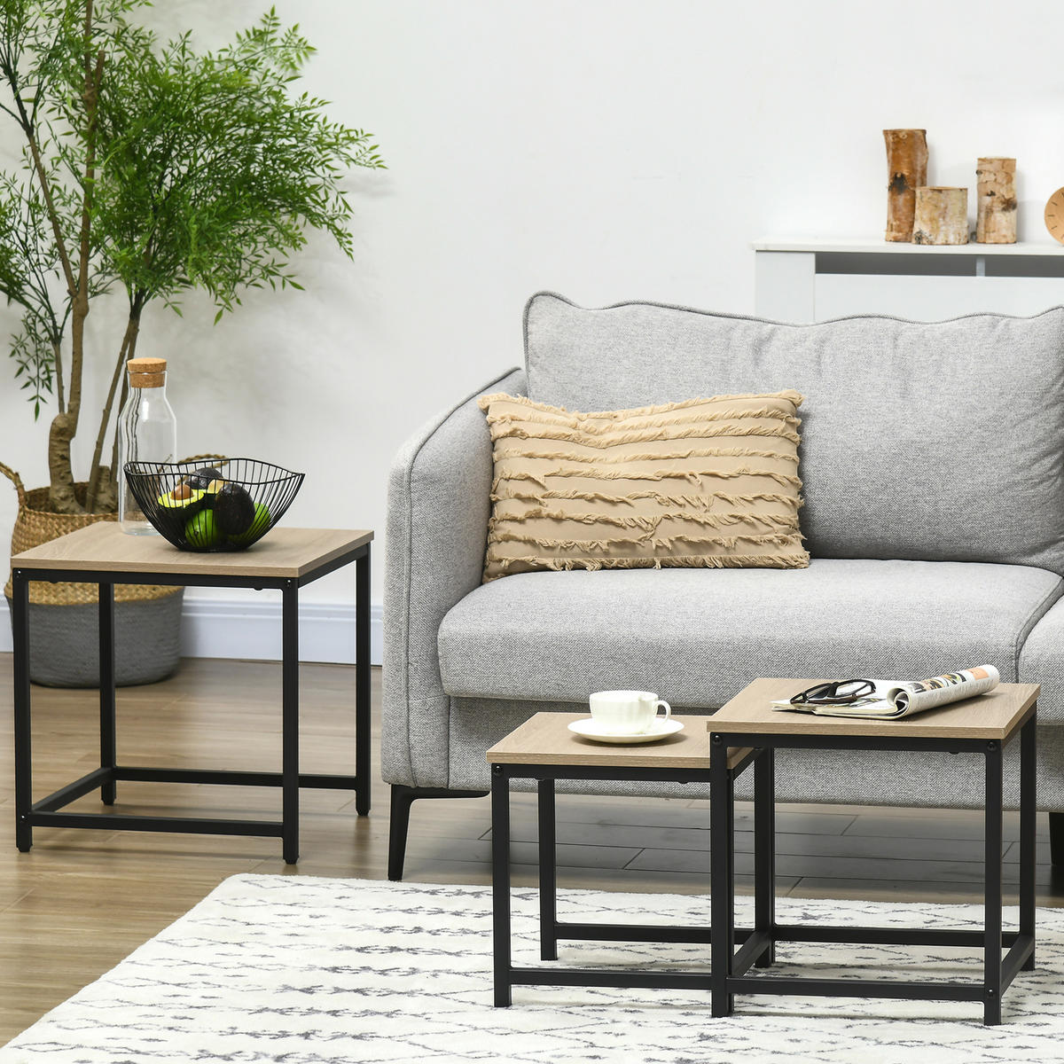 COUCHTISCH 3er-Set Beistelltisch, Satztisch, Sofatisch mit Holzoptik, Stahl - Naturfarben, Holzwerkstoff/Metall (45/45/44cm) - HOMCOM