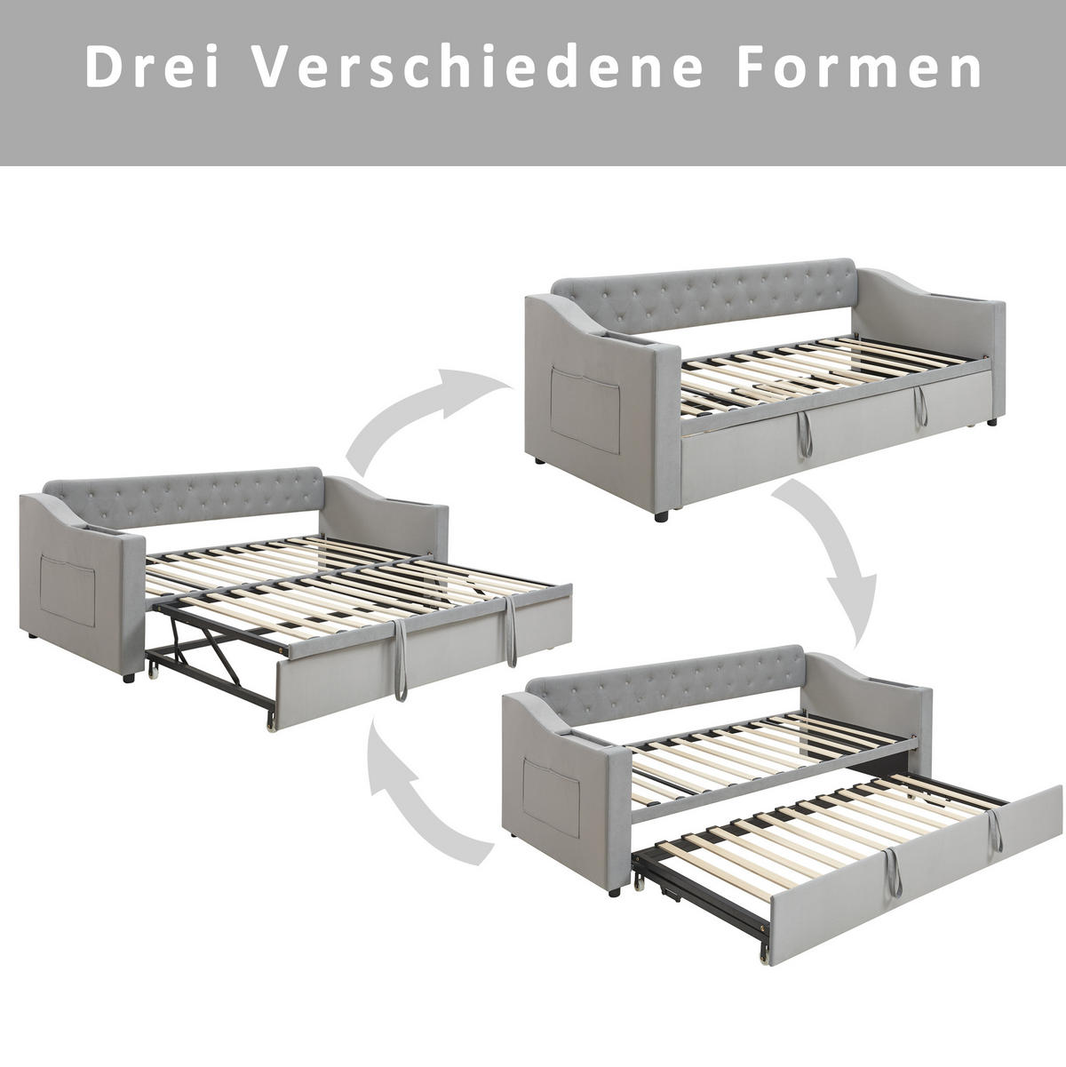 POLSTERBETT 90/190 cm Grau aus Samtstoff mit USB-Ladeanschluss - Grau, Textil (90/180cm) - OKMYHOME