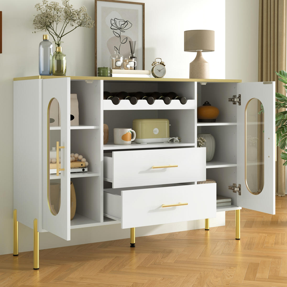 KOMMODE aus MDF 120x38x90cm in Weiß mit Weinregal - Weiß, Holzwerkstoff (120/90/38cm) - Modfu