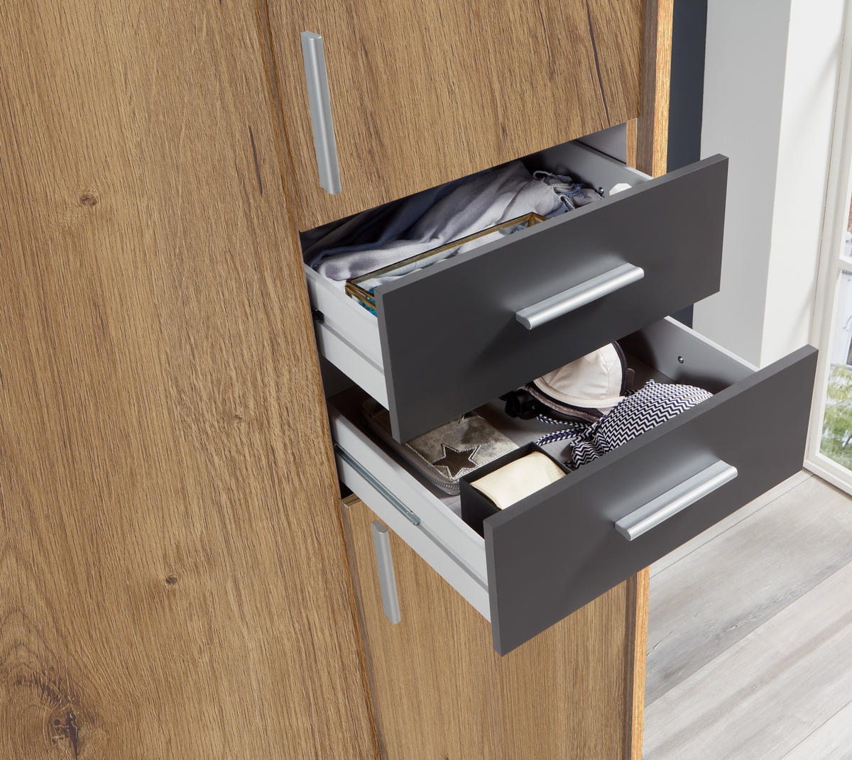 DREHTÜRENSCHRANK Kleiderschrank B273/H210/T58 cm mit Schubkästen & Passepartout & 2 Spiegeltüren, Eiche Dekor mit Absetzungen in Grafit / 22576 - Eichefarben/Silberfarben, Holzwerkstoff/Kunststoff (273/210/58cm) - luma-home