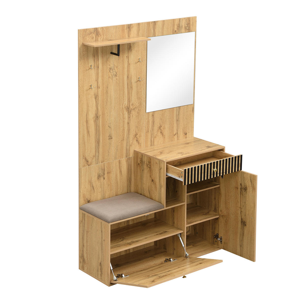 GARDEROBENSET 110/37/185,5 cm aus MDF mit Spiegel und gepolsterter Sitzfläche Schwarz/Naturfarben - Schwarz, Holzwerkstoff (110/185.5/37cm) - Modenvie