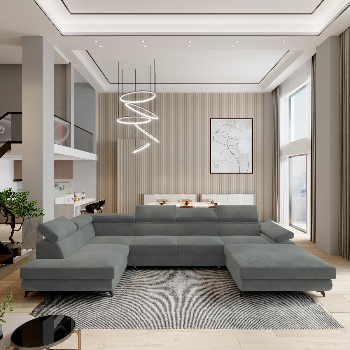 ROHOVÁ SEDAČKA RUBANO šedá - šedá/černá, kov/dřevo (339/190cm) - MASSENO