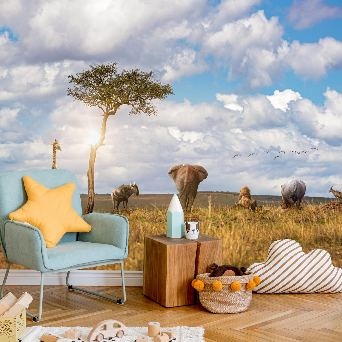 FOTOTAPETE für Kinderzimmer Safari Tiere Elefant Giraffe Löwe 300x210 - Beige/Braun, Papier (300/210cm) - Muralo