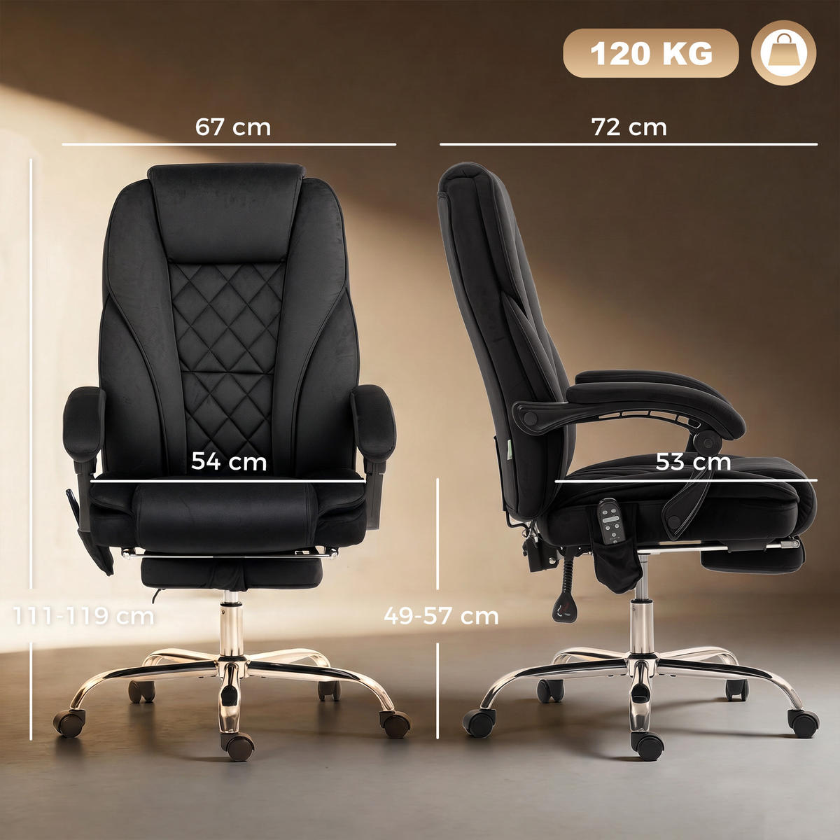 KONTORSSTOL med massagefunktion, svart - Brun/Svart, Textil/Metall (67/119/72cm) - Vinsetto