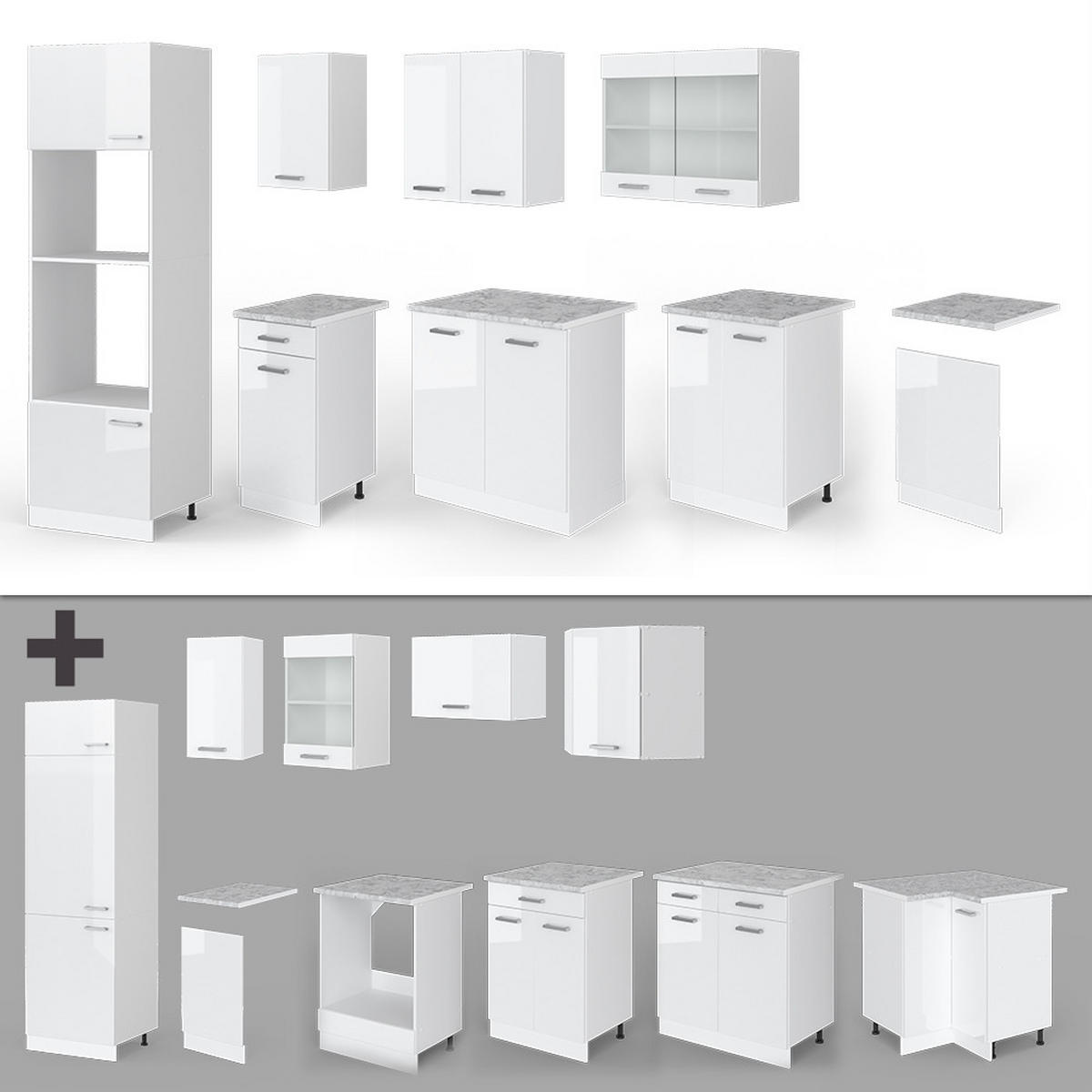 KÜCHENZEILE R-Line Weiß 300 cm mit Hochschrank, ohne AP - Weiß Hochglanz/Weiß, Holzwerkstoff (300/81.6/46cm) - Vicco
