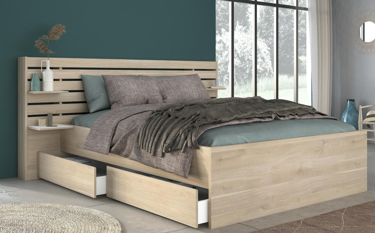 STAURAUMBETT Bett 140x200 cm mit 2 x Bettschubkasten und Ablage - Eichefarben, Holz/Holzwerkstoff (200/140cm) - Parisot Meuble