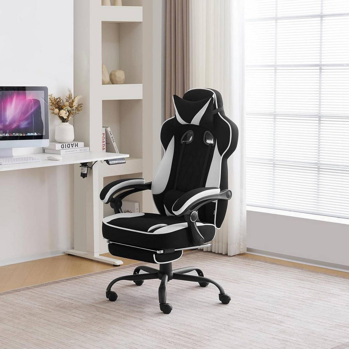 GAMINGSTUHL Mesh-Gewebe, Schwarz+Weiß - Schwarz/Weiß, Kunststoff/Textil (70/120/70cm) - Woltu