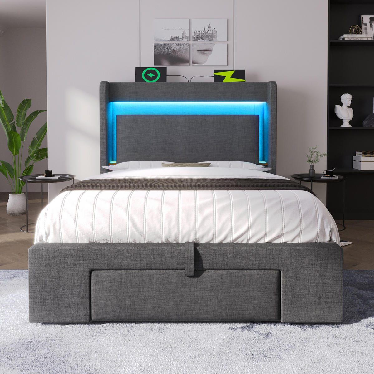 POLSTERBETT 90/200 cm mit LED-Beleuchtung, USB- und USB-C-Anschluss, Stauraum und Schublade und Matratze, Leinen, Grau - Grau, Textil (90/200cm) - Redom