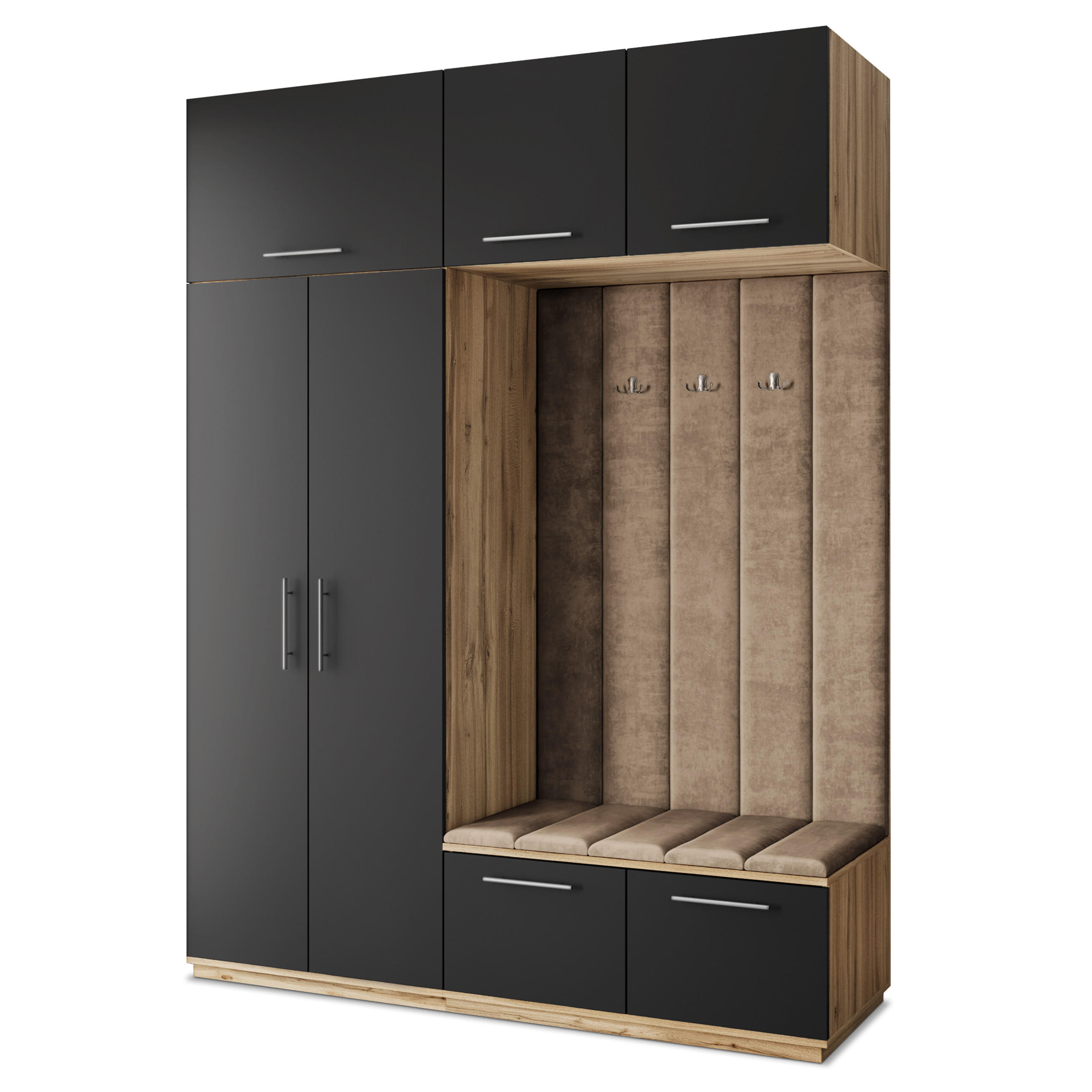 Masseno Garderobenschrank Eiche Wotan, Schwarz, Mokka 180x240x60 cm