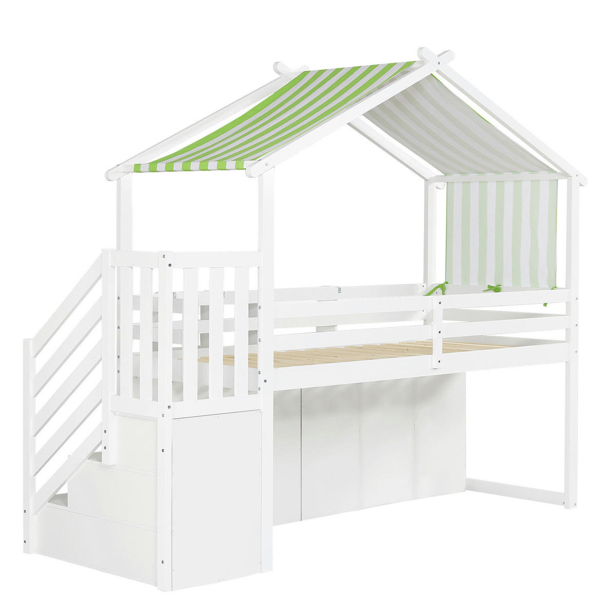 HAUSBETT 90/200 cm in Weiß/Grün mit Stauraum und Treppe - Weiß, Holz (90/200cm) - BEAOK