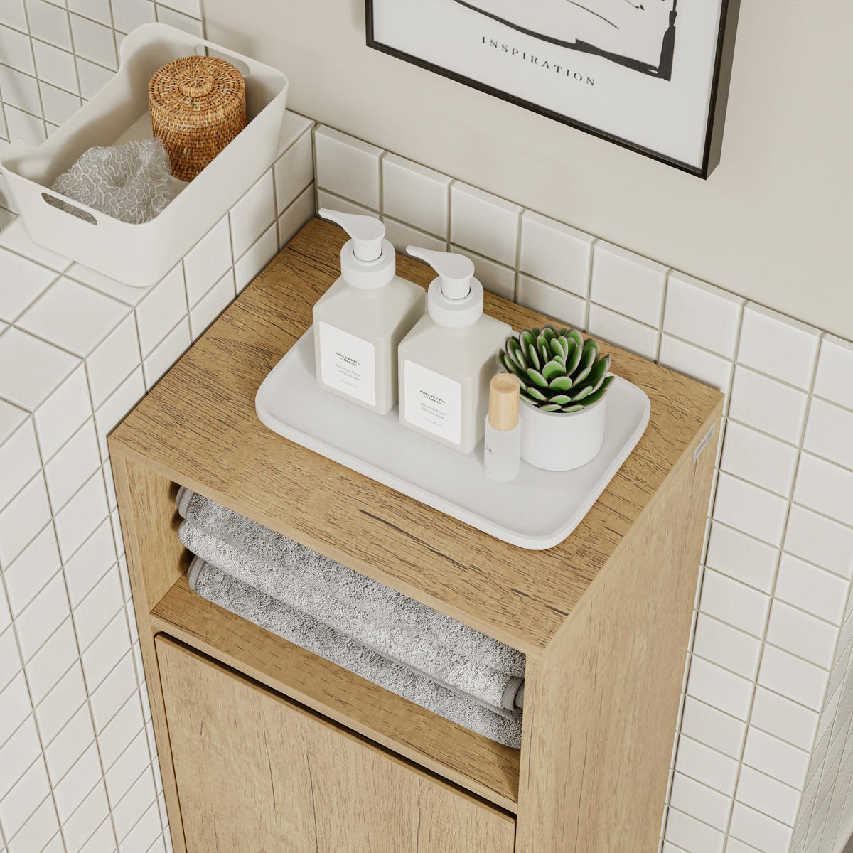 WÄSCHESCHRANK mit Klapptür und integriertem Wäschekorb BZR236-E-N - Hellbraun/Ahornfarben, Holzwerkstoff/Fell (30/90/40cm) - SoBuy