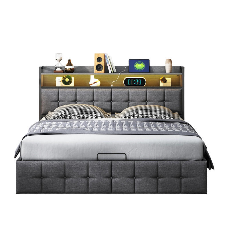 SHOPENTRA ČALOUNĚNÁ postel 140x190 cm šedá LED s USB úložným prostorem