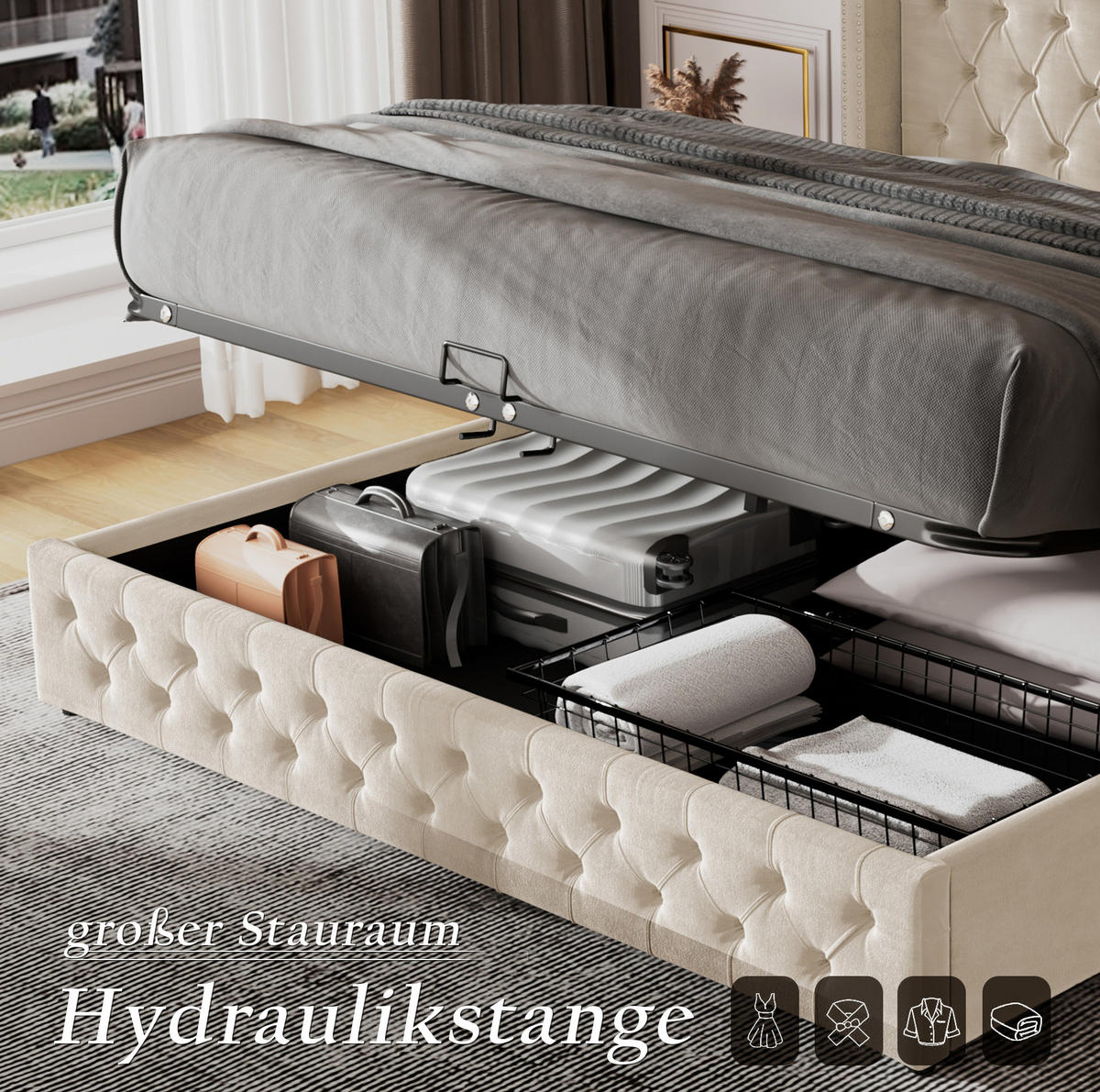 POLSTERBETT 140/200 cm mit hydraulischem Bettkasten, Chesterfield-Design, Beige - Beige, Textil (140/200cm) - Redom