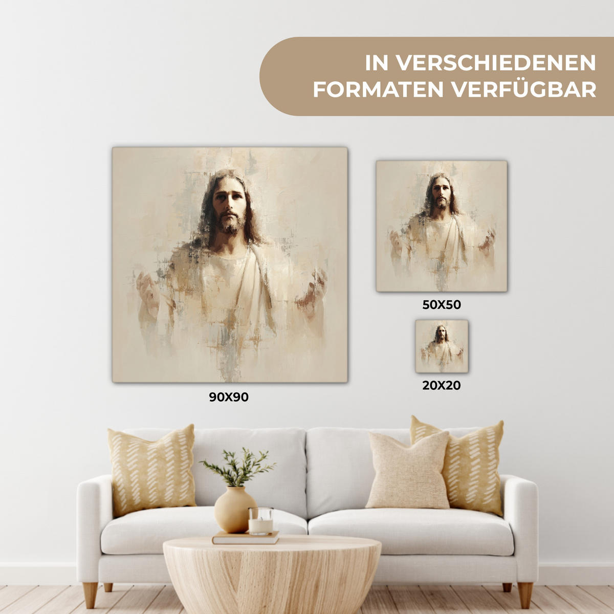 LEINWANDBILD Porträt - Abstrakt - Jesus - Beige Deko Wohnzimmer 20x20 cm - Beige, Textil (20/20cm) - MuchoWow