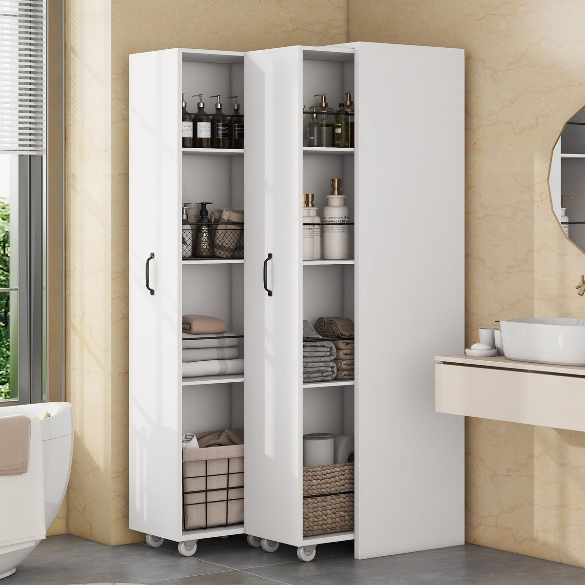 HIGHBOARD 51,5/41/158 cm in Weiß mit 8 offenen Fächern und Rollen - Weiß, Holzwerkstoff (51.5/158/41cm) - BEAOK