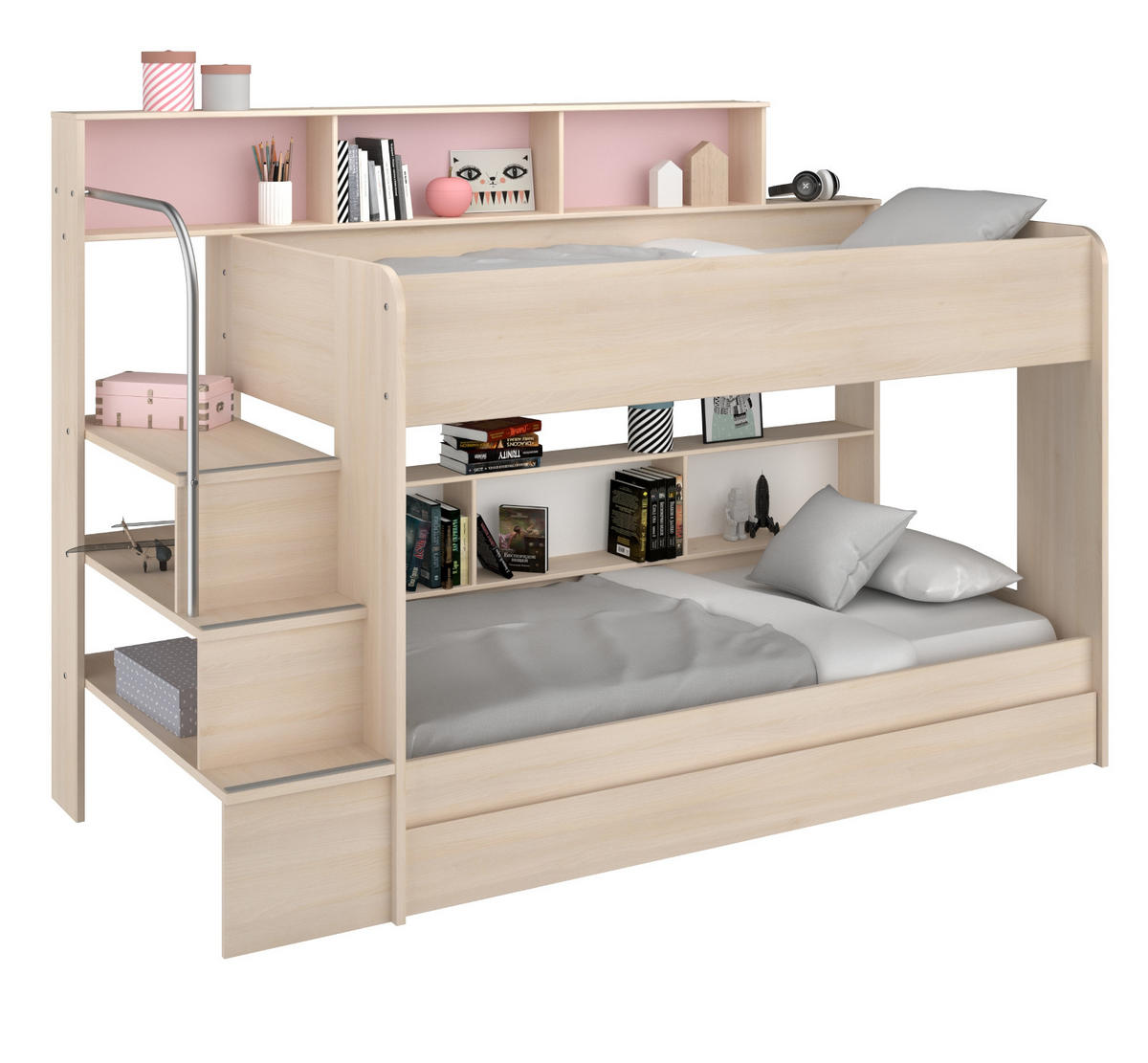 KINDERZIMMER Set 4-tlg. mit Etagenbett und 2 x Schreibtisch - Silberfarben/Akaziefarben, Holzwerkstoff/Kunststoff (245/171/114cm) - Parisot Meuble