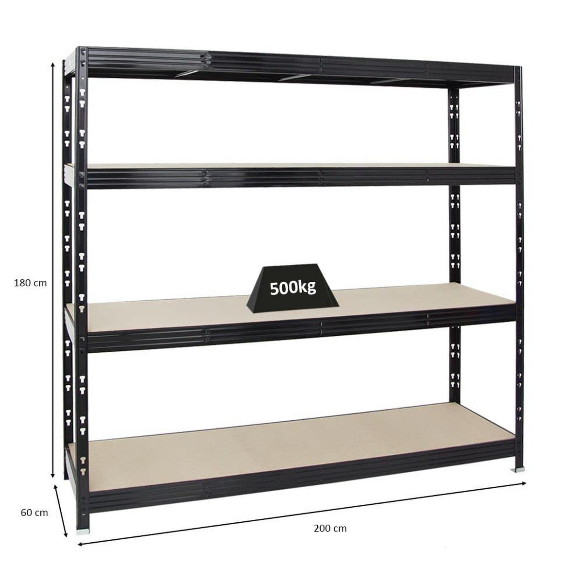 SCHWERLASTREGAL Rhino 180x200x60 cm 4 Spanplatten-Ebenen 8mm Fachlast 500 kg Schwarz - Schwarz, Metall (200/180/60cm) - PROREGAL
