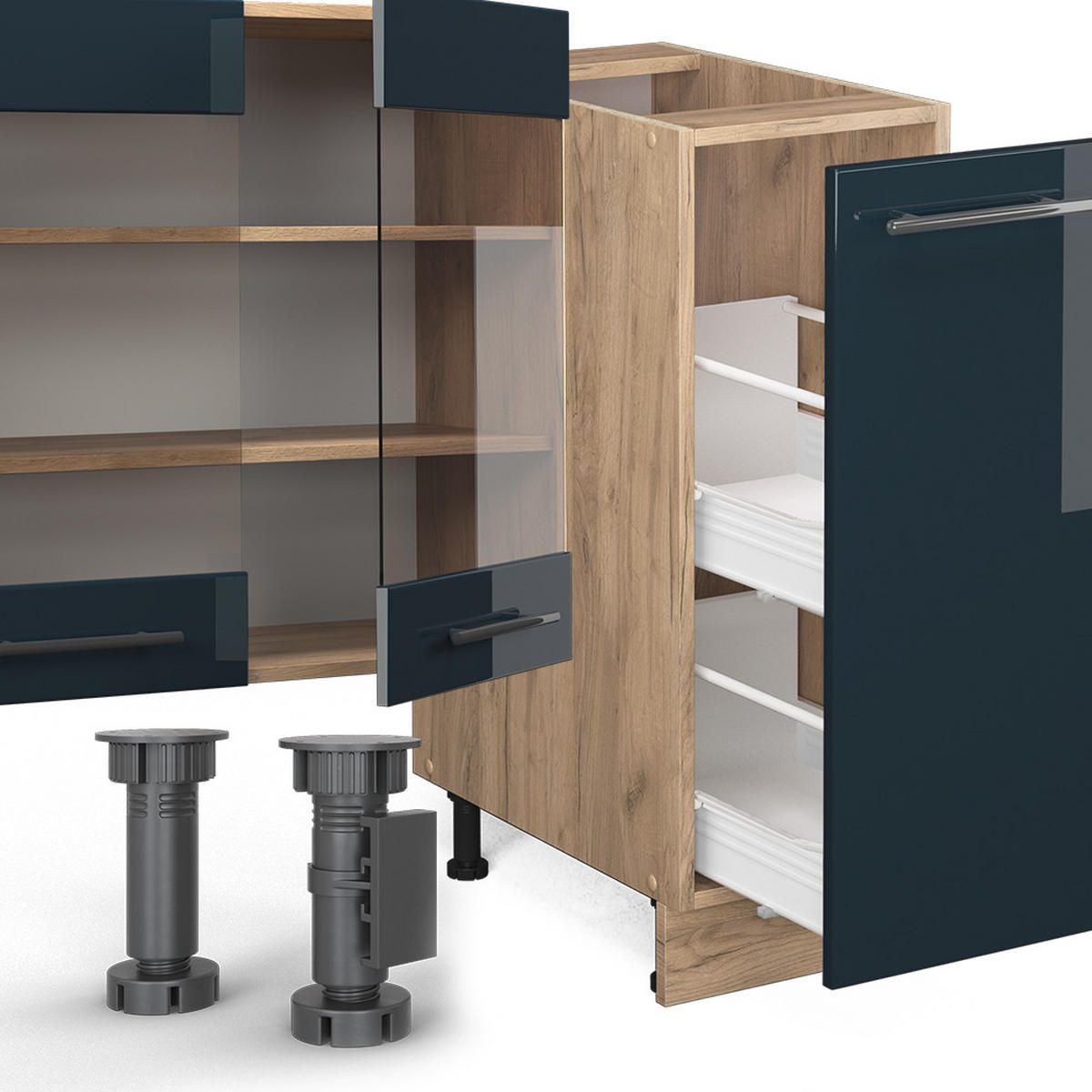 KÜCHENZEILE Fame-Line Dunkelblau Hochglanz/Goldkraft Eiche 280 cm AP Anthrazit - Eiche Wotan/Dunkelblau, Holzwerkstoff (280/81.6/60cm) - Vicco