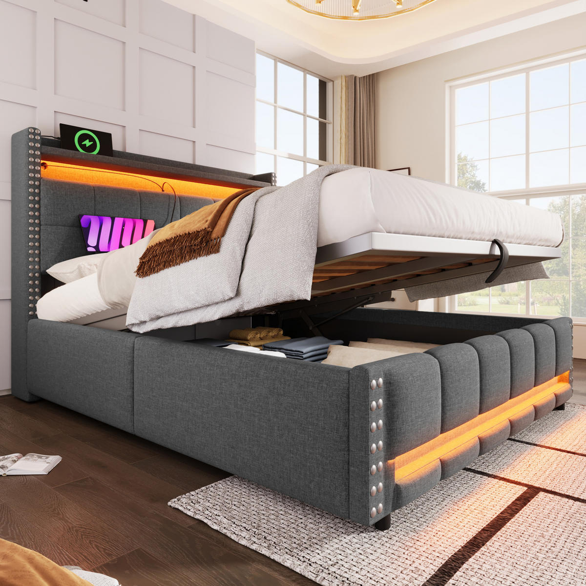 POLSTERBETT mit Stauraum und LED 160x200 cm Leinen Grau - Grau, Metall (160/200cm) - Meubliv