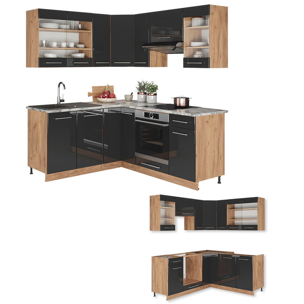 ECKKÜCHE Fame-Line Anthrazit Hochglanz/Goldkraft Eiche 160 x 60 cm ohne AP - Honigeiche/Anthrazit, Holzwerkstoff (190/81.6/46cm) - Vicco