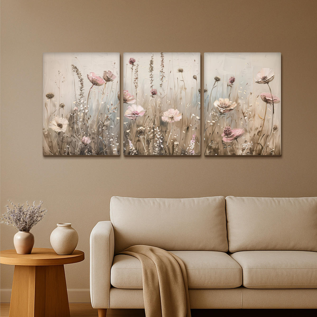 LEINWANDBILD 3er Set Blumen - Beige - Modern - Rosa 180x80 cm - Ecru, Textil (180/80cm) - MuchoWow