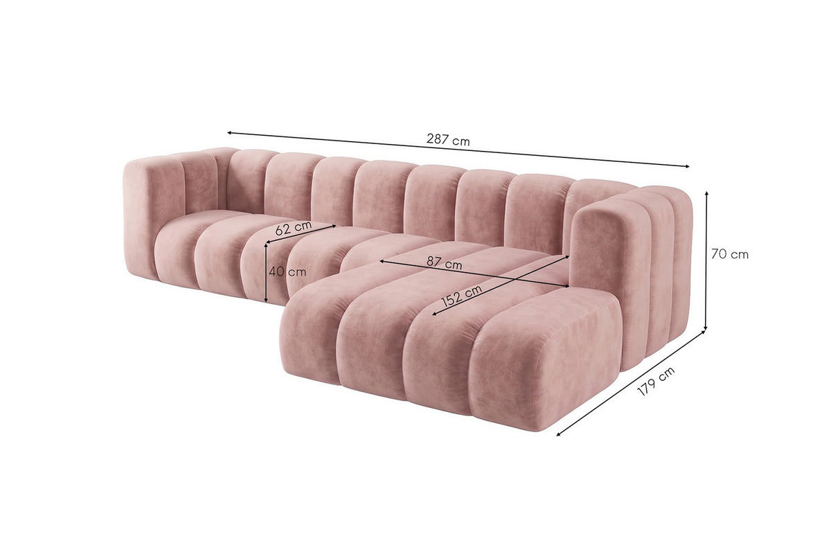 ECKSOFA Modulares In L-Form, Velvet-Stoff Riviera, Hellrosa, Rechts, GRAND 287 cm - Hellrosa, Holz (287/179cm) - Kaiser Möbel