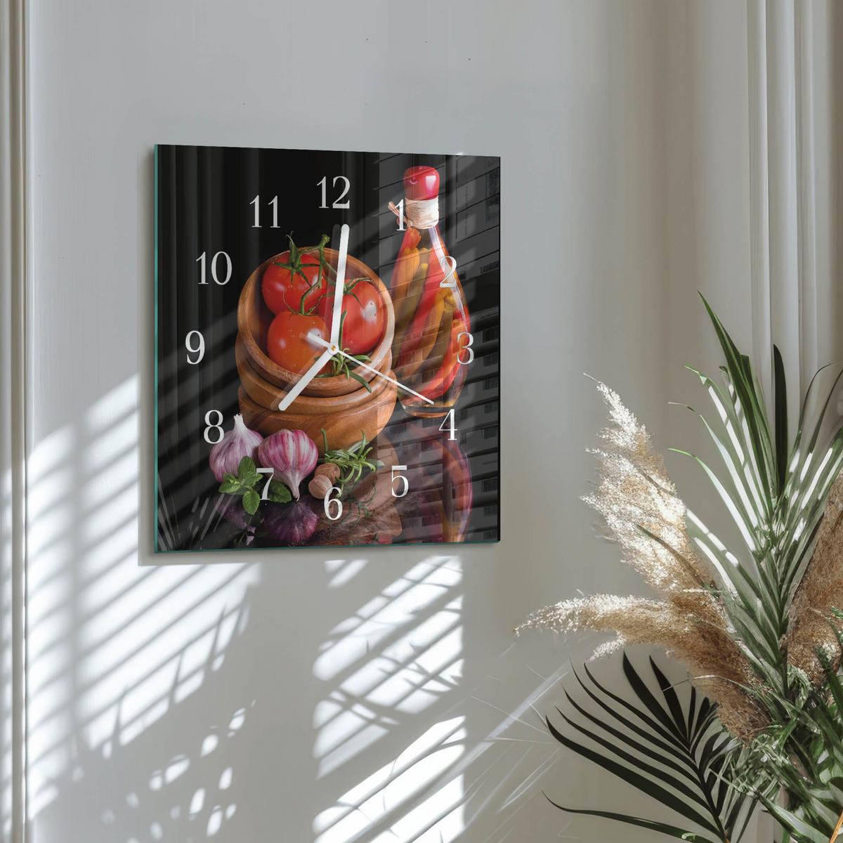 WANDUHR 30x30 cm - Tomaten und Knoblauch - Rot, Glas (30/30/0.4cm) - TULUP