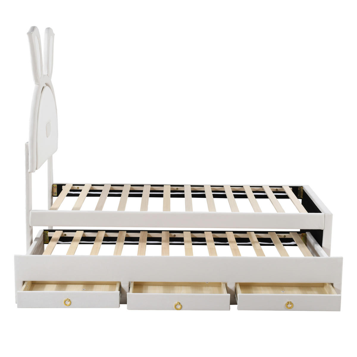 KINDERBETT 90x200 Samtstoff LED Ausziehbar Stauraum Beige - Beige, Holzwerkstoff - FLIEKS