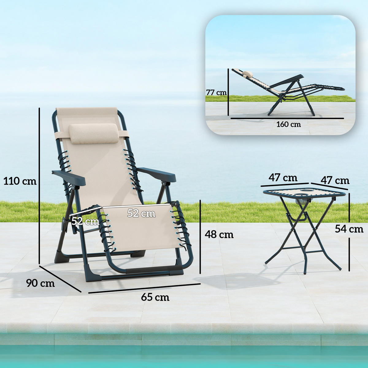 GARTENSTUHL-SET 3 TLG. mit Tisch Beige 90/56/110 cm - Beige, Metall (65/110/90cm) - Outsunny