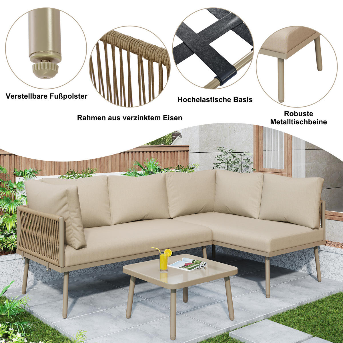 LOUNGESET L-Form Khaki 2 Sofas 1 Tisch Mit Verstellbaren Füßen - Hellbraun, Metall - FLIEKS