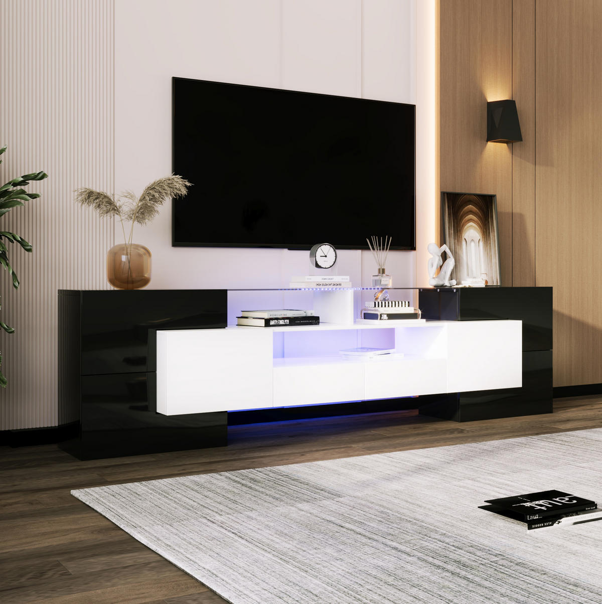 TV-LOWBOARD 200/35/60 cm mit 4 Türen, 2 Schubladen und LED-Beleuchtung - Schwarz, Holzwerkstoff (200/60/35cm) - BEAOK