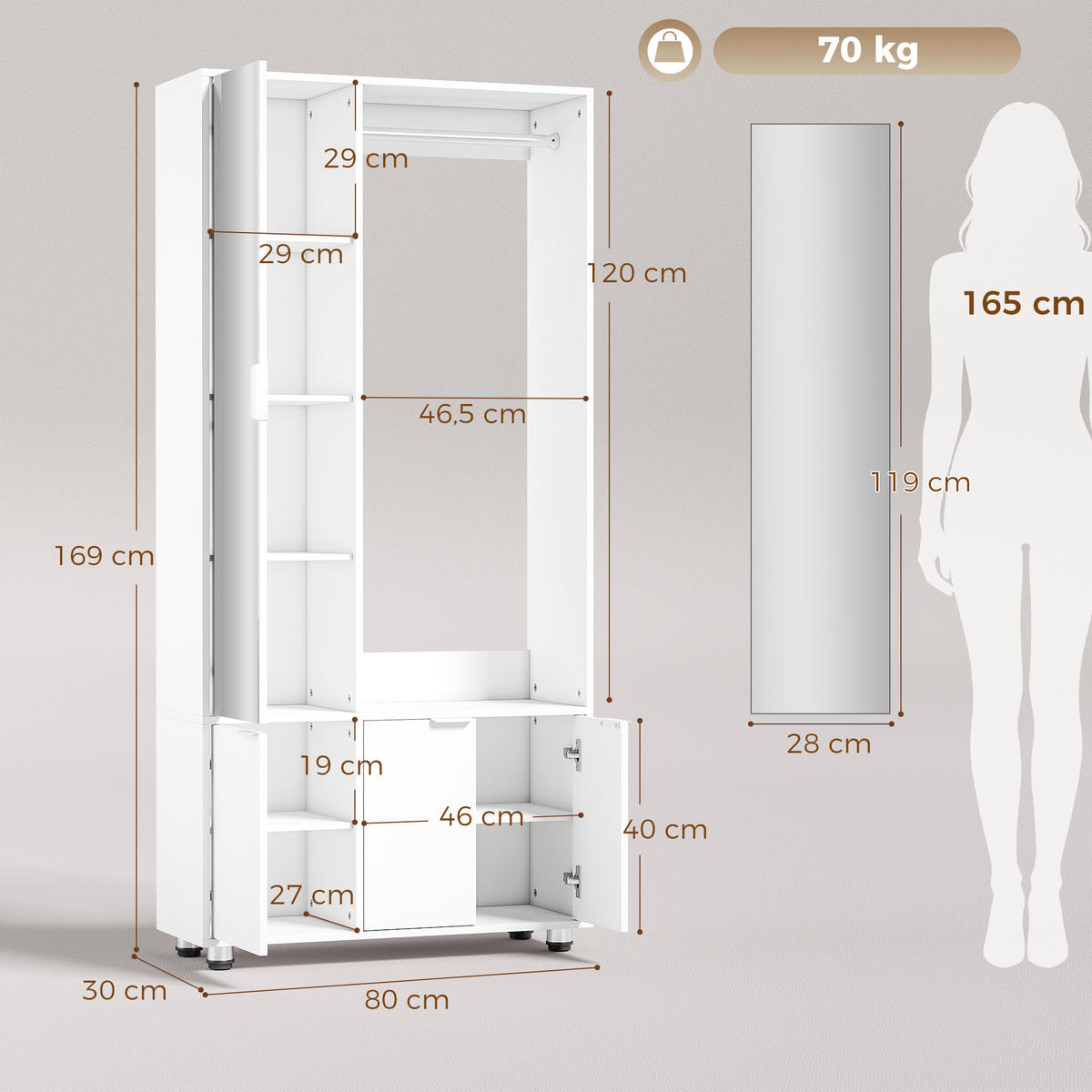 SADA šatních skříní, dřevotříska, bílá - bílá, kov/kompozitní dřevo (30/169/80cm) - HOMCOM