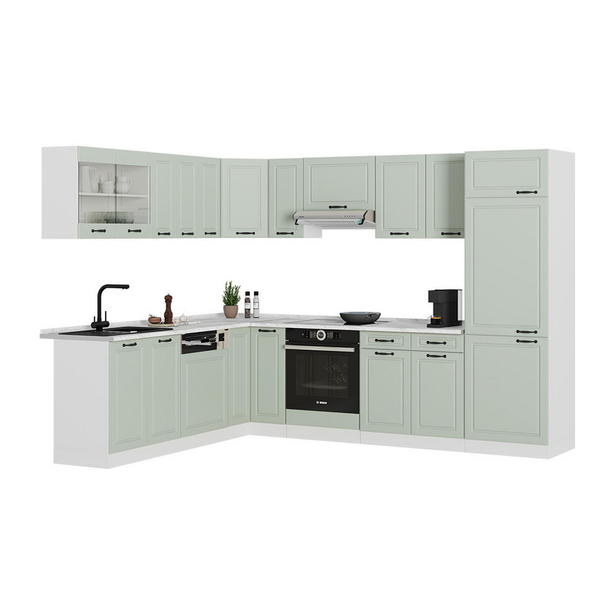 ECKKÜCHE R-Line, Mint Landhaus/Weiß, 287 x 227 cm - Weiß/Grün, Holzwerkstoff (287/206.8/60cm) - Vicco
