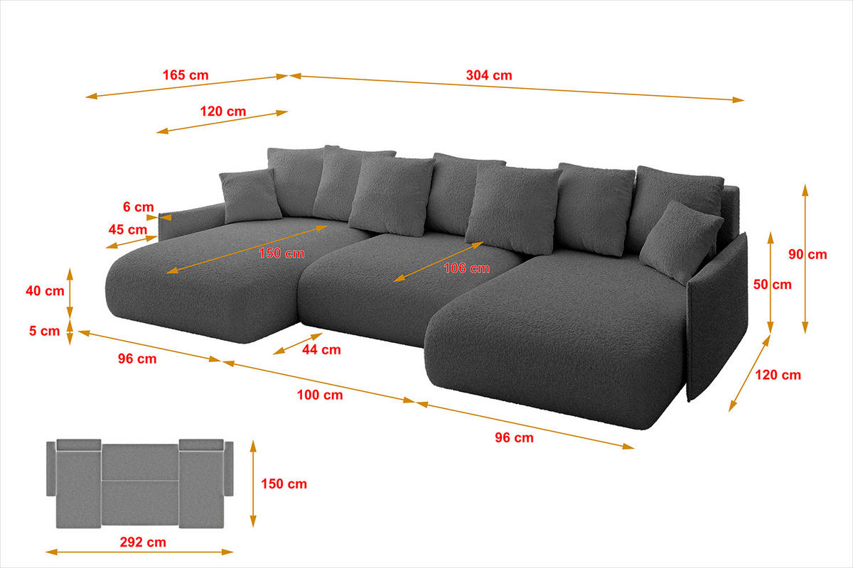 WOHNLANDSCHAFT mit Schlaffunktion und Bettkasten ONESK-U-v1 304x165x40 Grau Bouclé - Grau, Holzwerkstoff/Kunststoff (304/90/165cm) - ALTDECOR