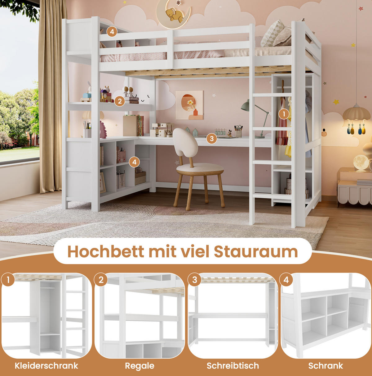 HOCHBETT 140/200 cm mit Schreibtisch, Regalen, Kleiderschrank und Schutzgeländer aus Kiefernholz, Weiß - Weiß, Holz (140/200cm) - Redom