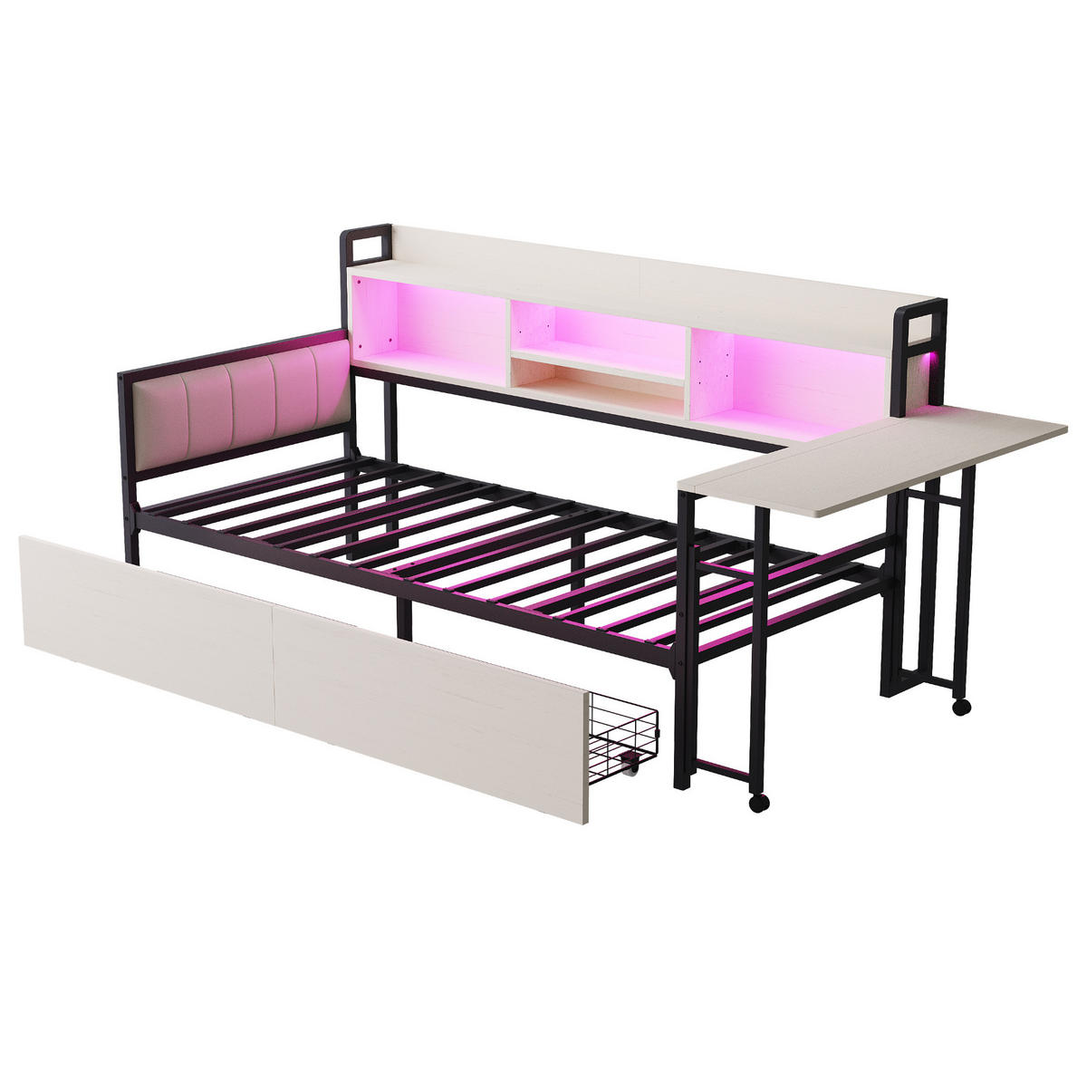 MULTIFUNKTIONSBETT aus Metall 90x200 cm Weiß/Holzfarbe mit LED, Steckdose, Schubladen und ausziehbarem Schreibtisch - Weiß, Metall (90/200cm) - Modfu