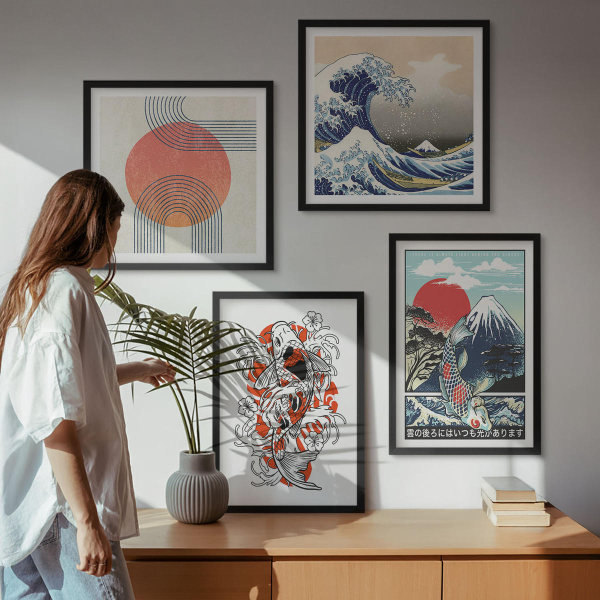 BILDER SET 4er Set - 50x50 cm & 40x60 cm Schwarzer Rahmen - Illustrationen von Fischbergen, die sich in Japan ausbreiten - Schwarz, Kunststoff (50/50cm) - TULUP
