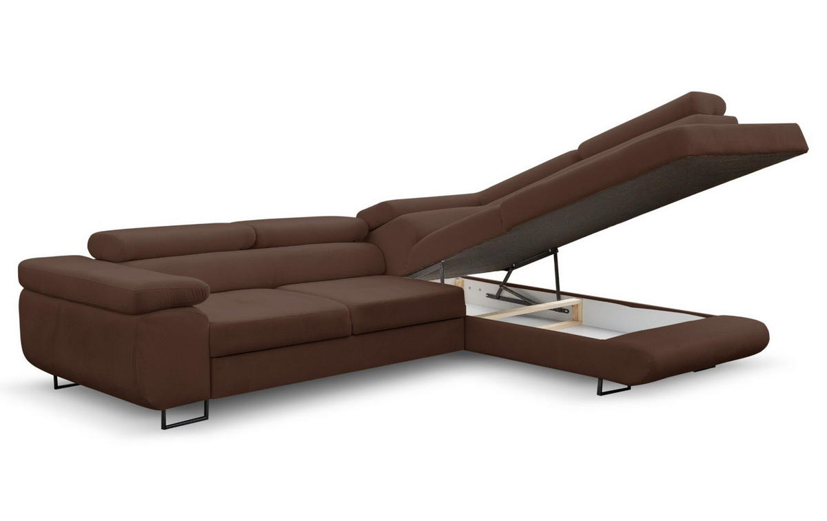 ECKSOFA Jerry in L-Form mit Schlaffunktion und Bettkasten, Farbe: Braun, Veloursstoff, Ottomane Rechts - Braun, Textil (275/202cm) - VENASI MÖBEL