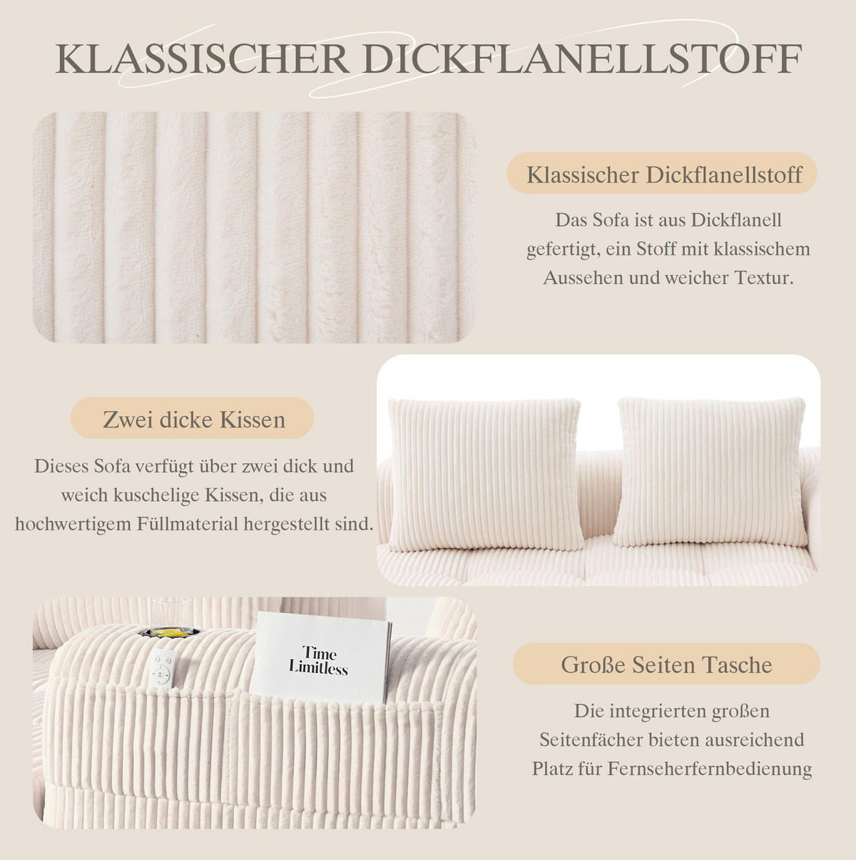 2-SITZER 158/93/61 cm Beige aus Cord mit Becherhalter - Beige, Textil (93/61/158cm) - OKMYHOME