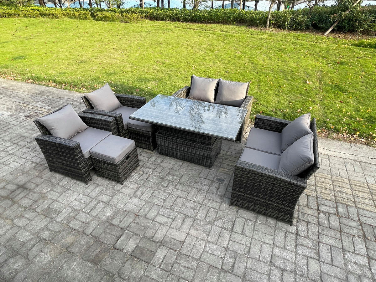 GARTENMÖBELSET mit 2 kleinen Hockern Polyrattan Dunkelgrau 8-Sitzer - Dunkelgrau, Metall - Fimous