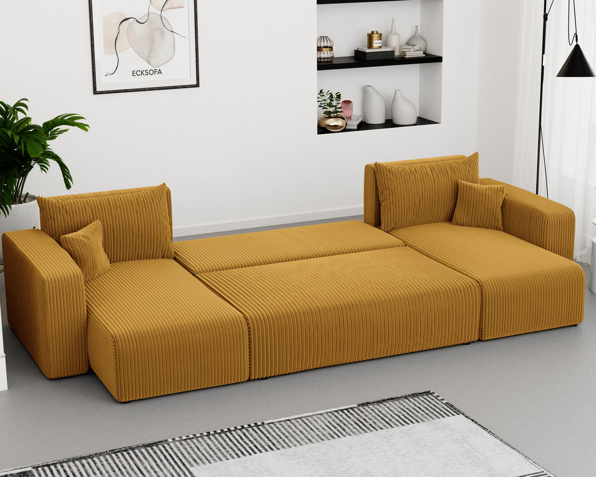 WOHNLANDSCHAFT mit Schlaffunktion und Bettkasten, Senfgelb - Currygelb/Gelb, Kunststoff/Textil (318/79/145cm) - Idohome