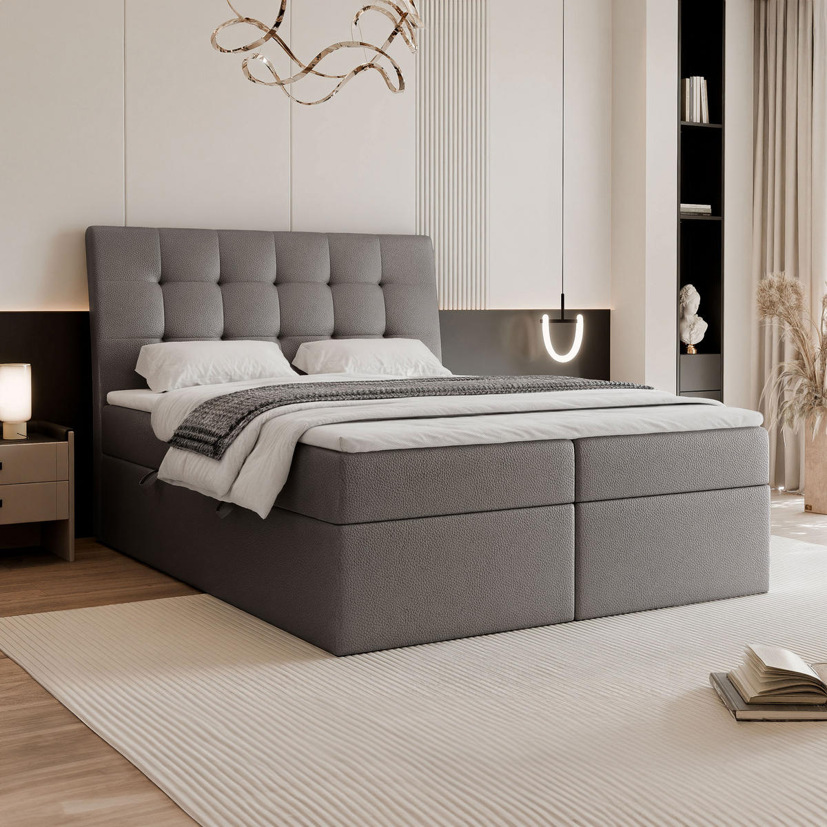 BOXBETT BAILEY 200/200 cm mit Matratze und Topper, Grau - Schwarz/Grau, Textil/Metall (200/200cm) - Idohome