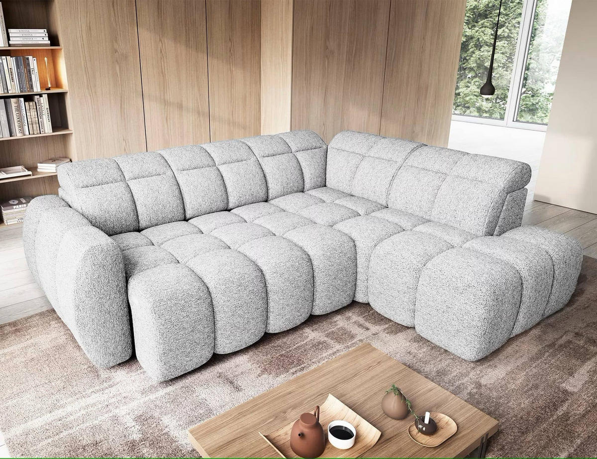 ECKSOFA mit elektrischem Sitzvorschub, Bettkasten und verstellbare Kopflehnen - Hellgrau, Naturmaterialien/Textil (208/258cm) - Eltap