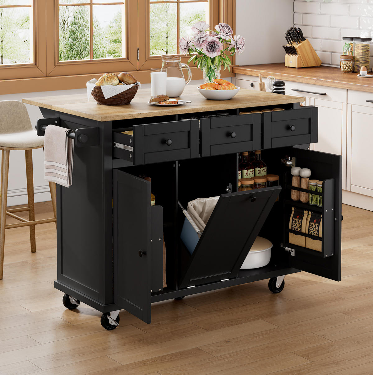 KÜCHENINSEL 112/92,7/46,2-76,2 cm Schwarz/Natur aus MDF mit ausziehbarer Arbeitsplatte - Schwarz, Holzwerkstoff (46.2/92.7/131.2cm) - OKMYHOME