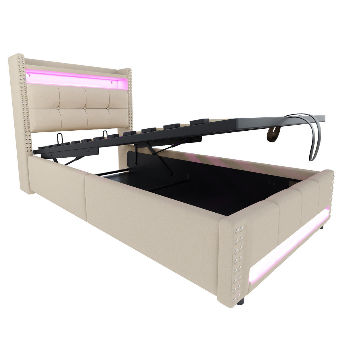 POLSTERBETT 90/200 cm Beige mit Stauraum, LED-Beleuchtung und USB-Anschluss - Beige, Textil (90/200cm) - Flora Grace