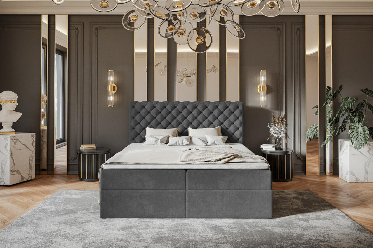 BOXBETT MIAMI mit 2 Bettkästen, 180x200, Farbe: Dunkelgrau, Velourstoff, Doppelbett mit Bonell-Matratze - Dunkelgrau, Holz/Kunststoff (180/200cm) - Alpi-Möbel