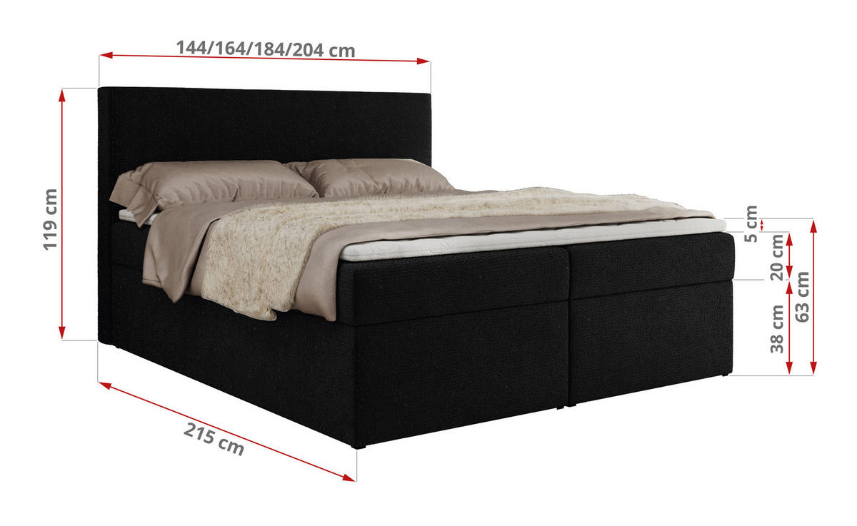 BOXBETT JAGUAR 160/200 - Schwarz Struktur - H3 - Schwarz, Holz/Textil (160/200cm) - MKS